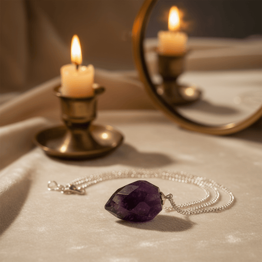 Pendule en améthyste naturelle pour divination, cristal violet facetté sur chaîne argentée, ambiance bougie ésotérique