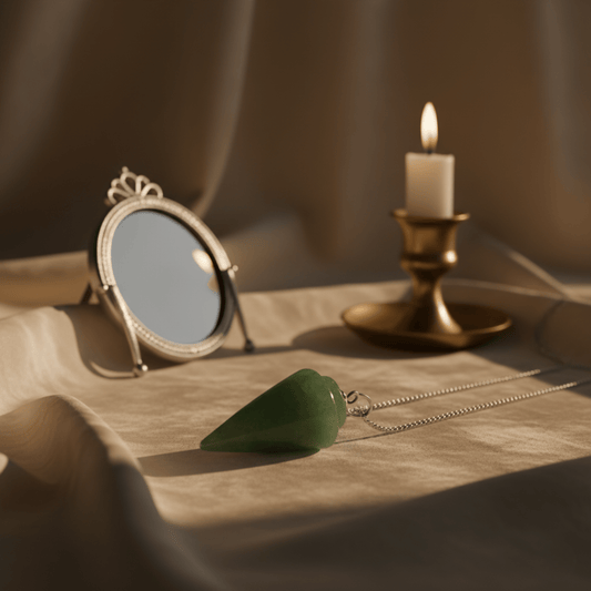 Pendule en Aventurine Verte pour divination, pierre naturelle verte et chaîne argentée.