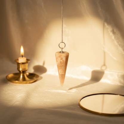 Pendule en Pierre de Lune éclairé par une bougie, suspendu au-dessus d’un tissu beige lumineux.