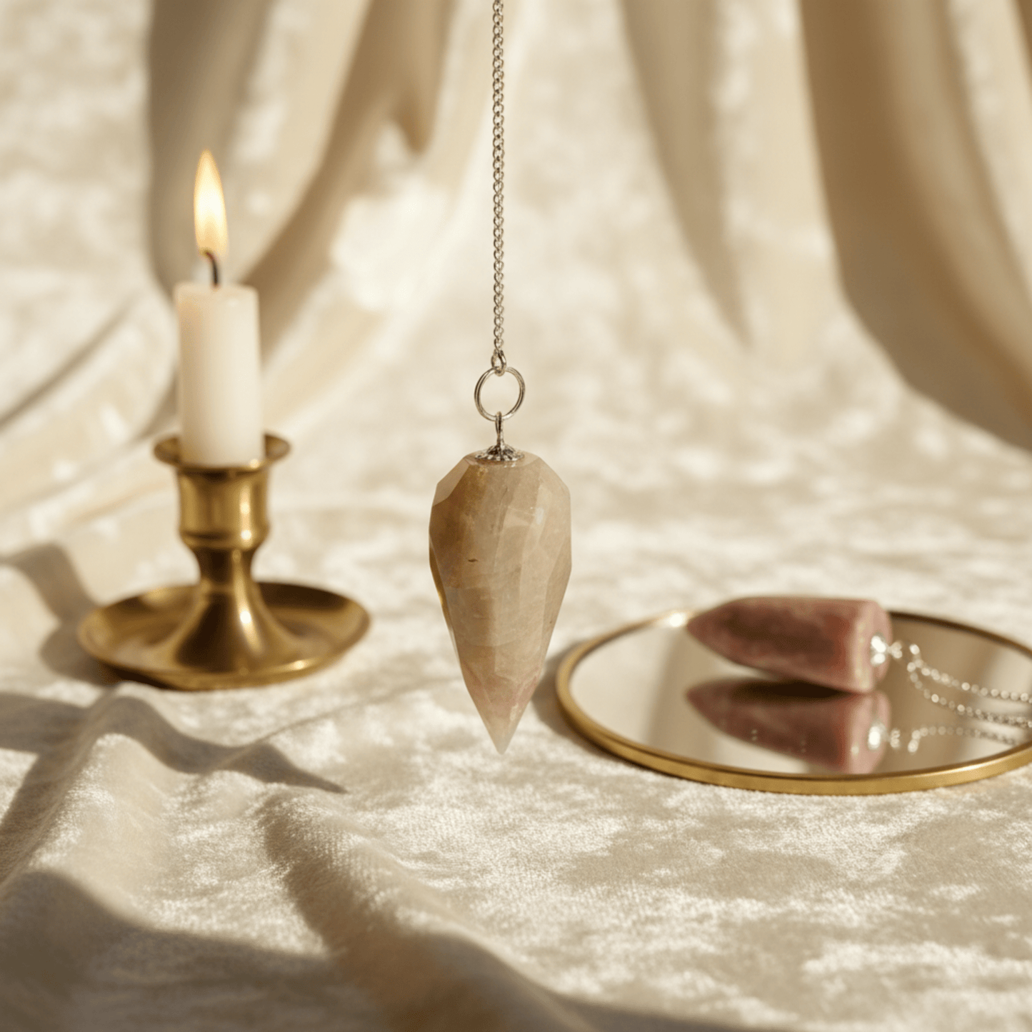 Pendule en Pierre de Lune facettée devant bougeoir doré et miroir, décor rituel beige lumineux.