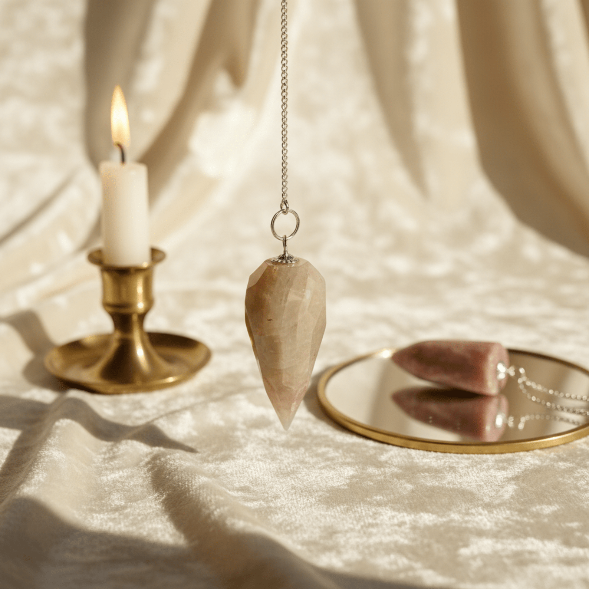 Pendule en Pierre de Lune facettée devant bougeoir doré et miroir, décor rituel beige lumineux.