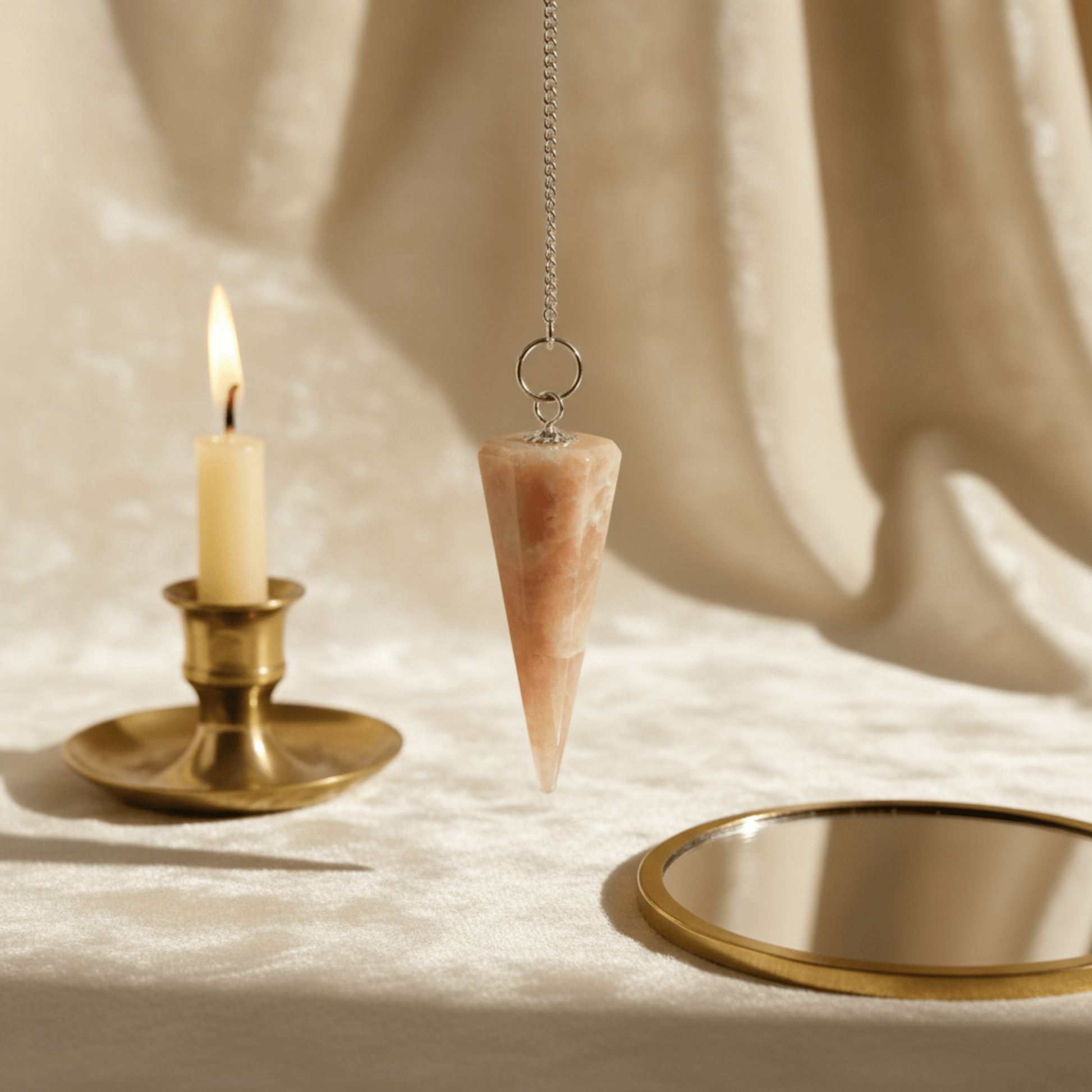 Pendule en Pierre de Lune suspendu, posé devant une bougie dorée et miroir rituel sur tissu beige.