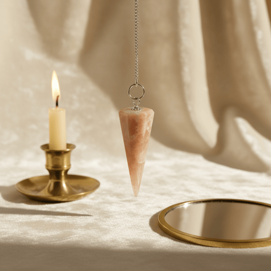 Pendule en Pierre de Lune suspendu, posé devant une bougie dorée et miroir rituel sur tissu beige.