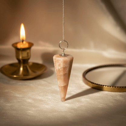 Pendule en Pierre de Lune conique suspendu près d’un miroir doré et d’une bougie allumée.