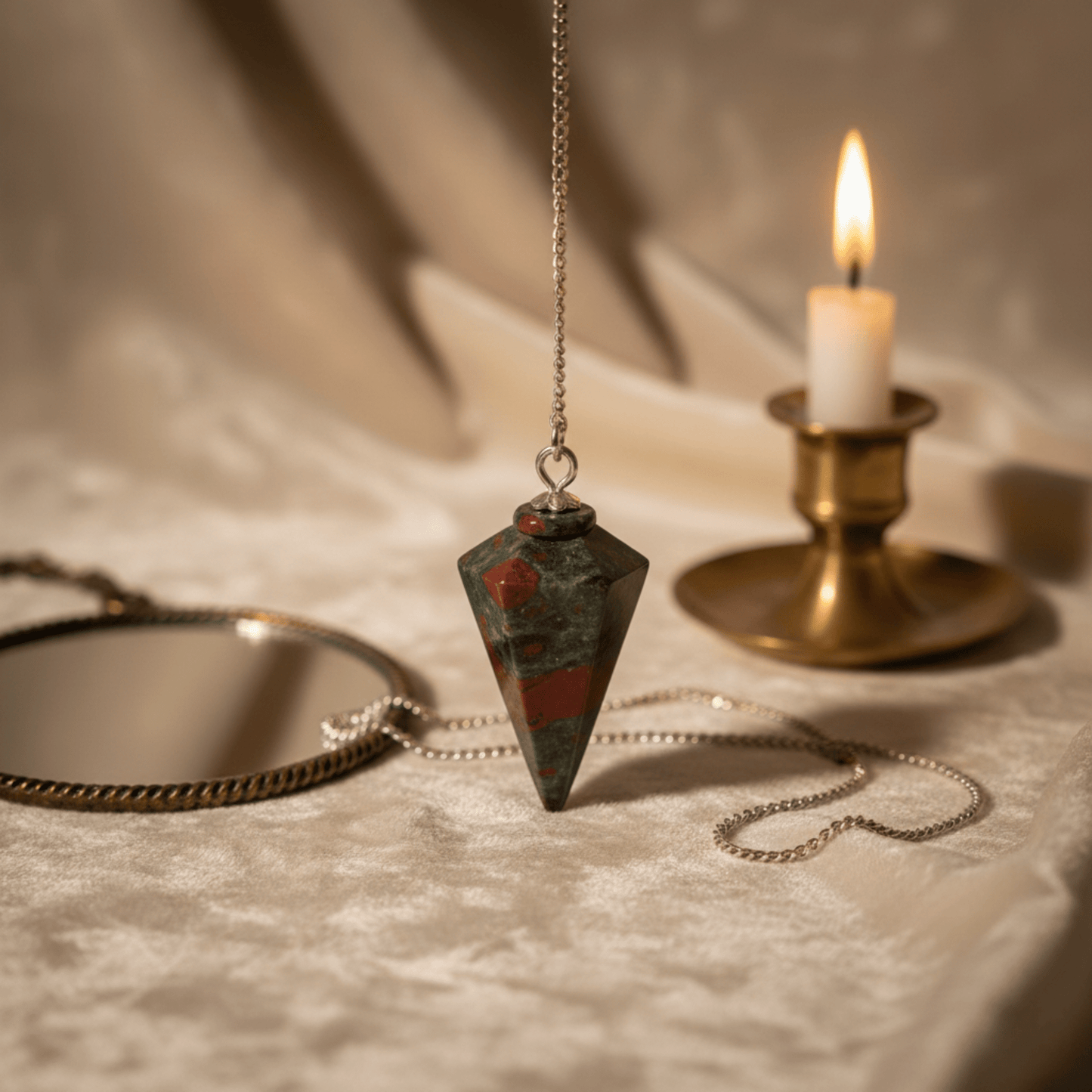 Pendule en jaspe sanguin pour divination, pierre naturelle Bloodstone avec chaîne argentée, outil d’ancrage énergétique.