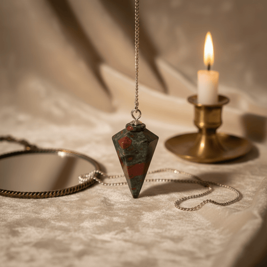 Pendule en jaspe sanguin pour divination, pierre naturelle Bloodstone avec chaîne argentée, outil d’ancrage énergétique.