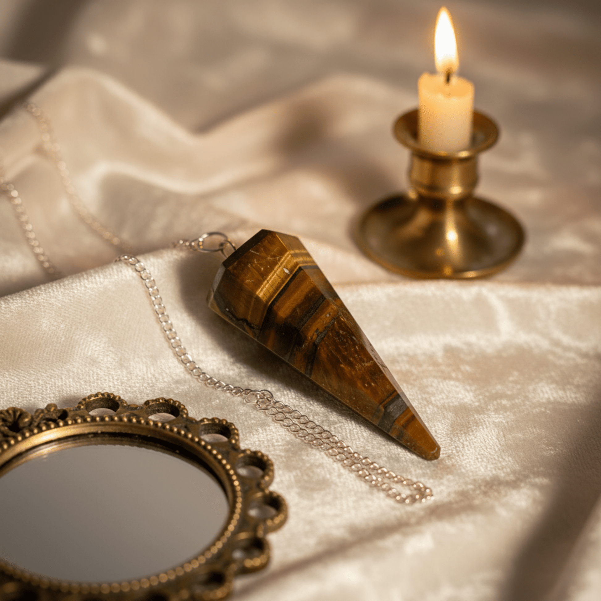 Pendule en Œil de Tigre pour divination, protection énergétique et radiesthésie, pierre naturelle dorée.