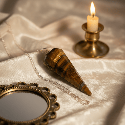 Pendule en Œil de Tigre pour divination, protection énergétique et radiesthésie, pierre naturelle dorée.