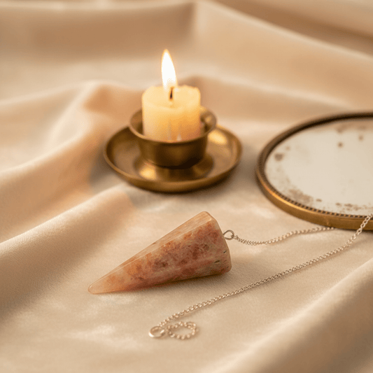 Pendule en Pierre de Soleil pour divination, reflet doré, outil énergétique ésotérique sur autel rituel.