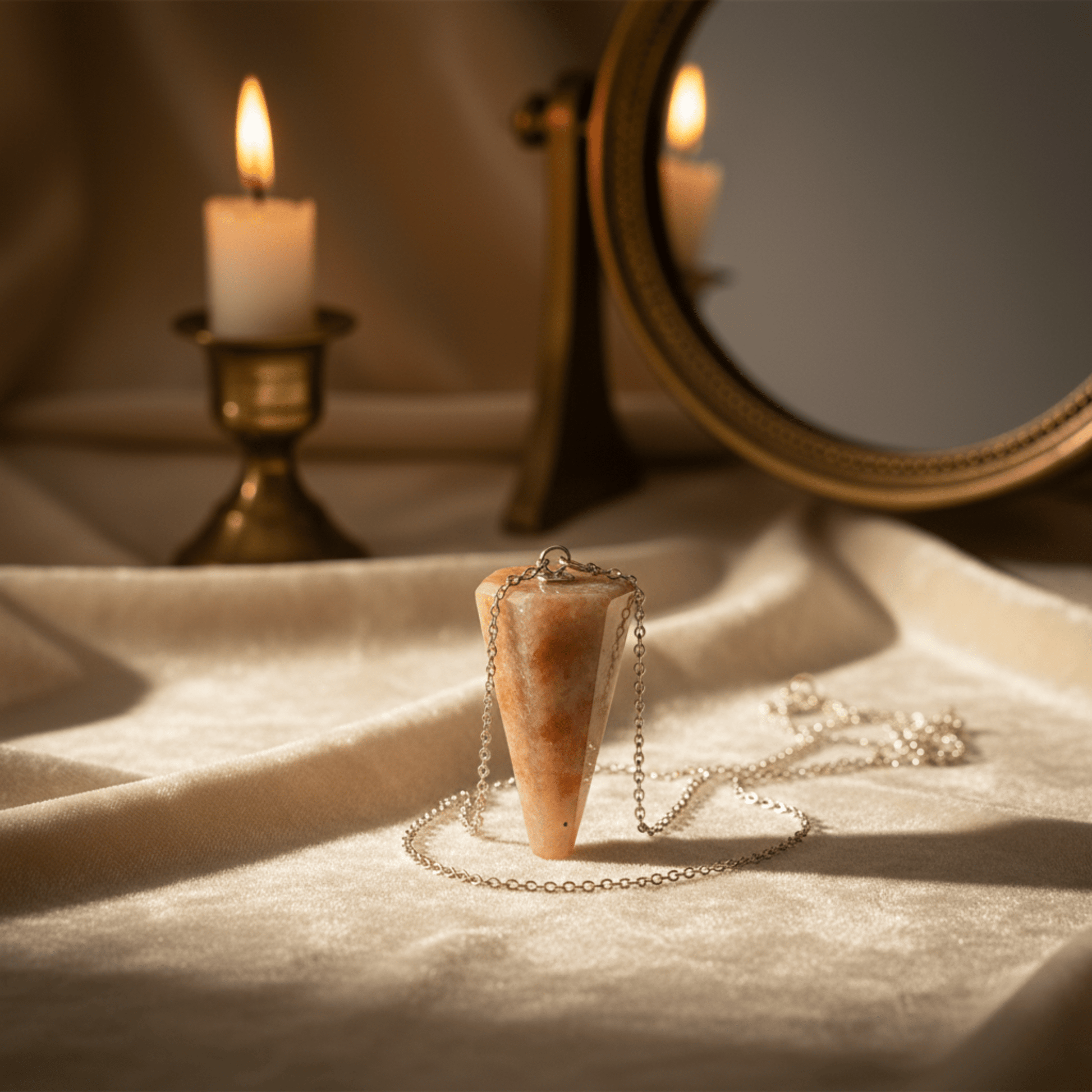 Pendule ésotérique en Pierre de Soleil posé sur autel, pierre orangée brillante pour intuition et clarté.