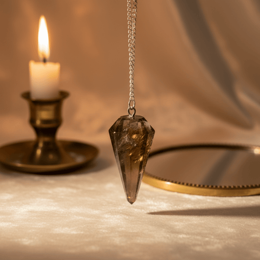 Pendule en quartz fumé pour divination, pierre naturelle brune translucide, chaîne argentée, rituel spirituel.