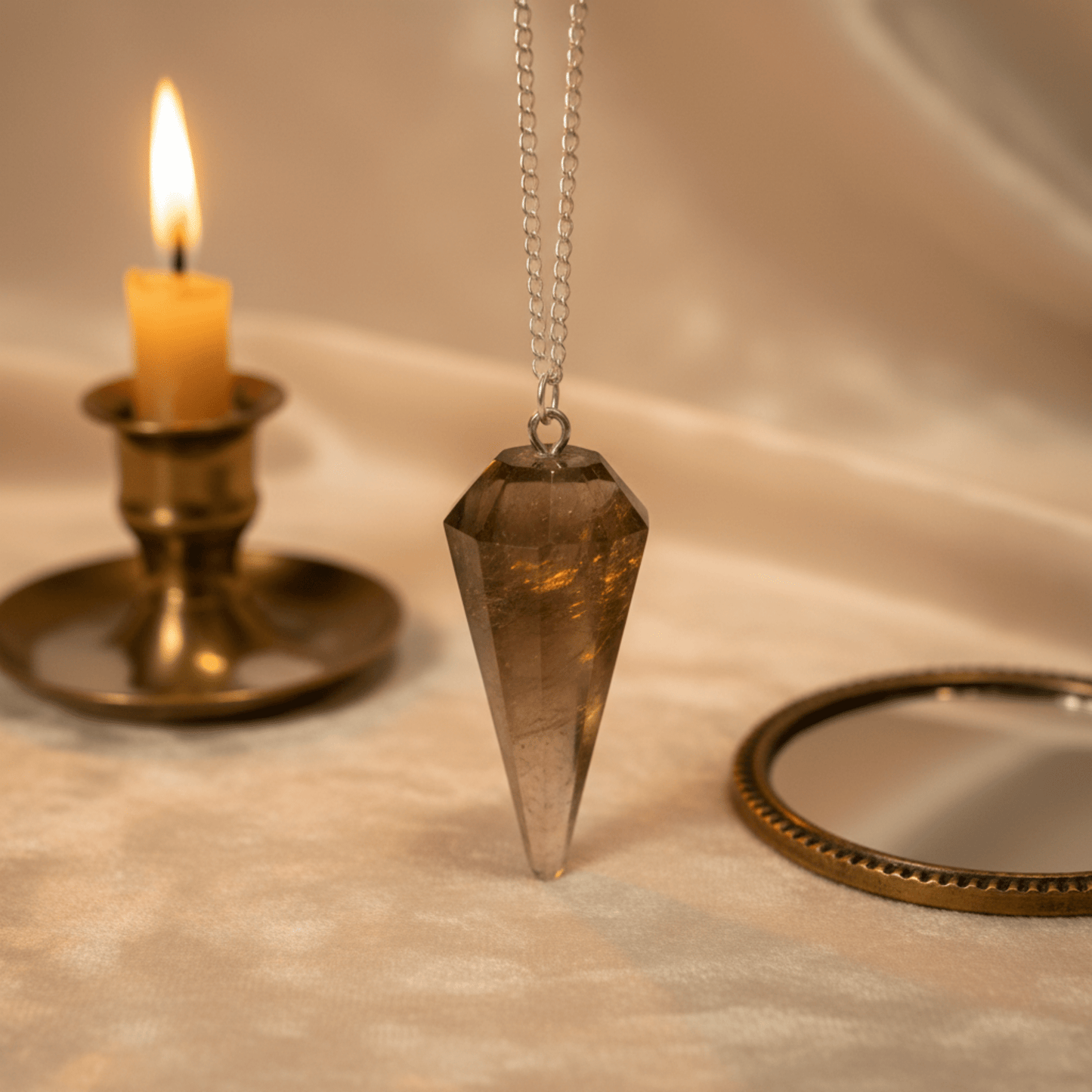 Pendule quartz fumé facetté, pierre d’ancrage brune pour divination et guidance énergétique.