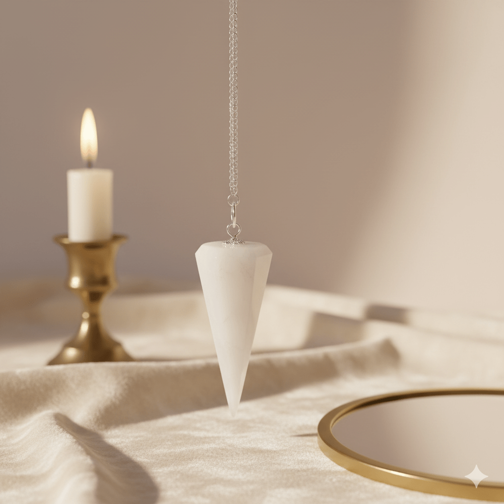 Pendule en quartz neige blanc pour divination, radiesthésie et guidance spirituelle sur tissu ivoire avec bougie allumée.