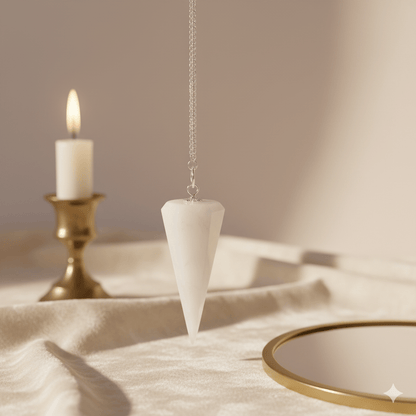 Pendule en quartz neige blanc pour divination, radiesthésie et guidance spirituelle sur tissu ivoire avec bougie allumée.