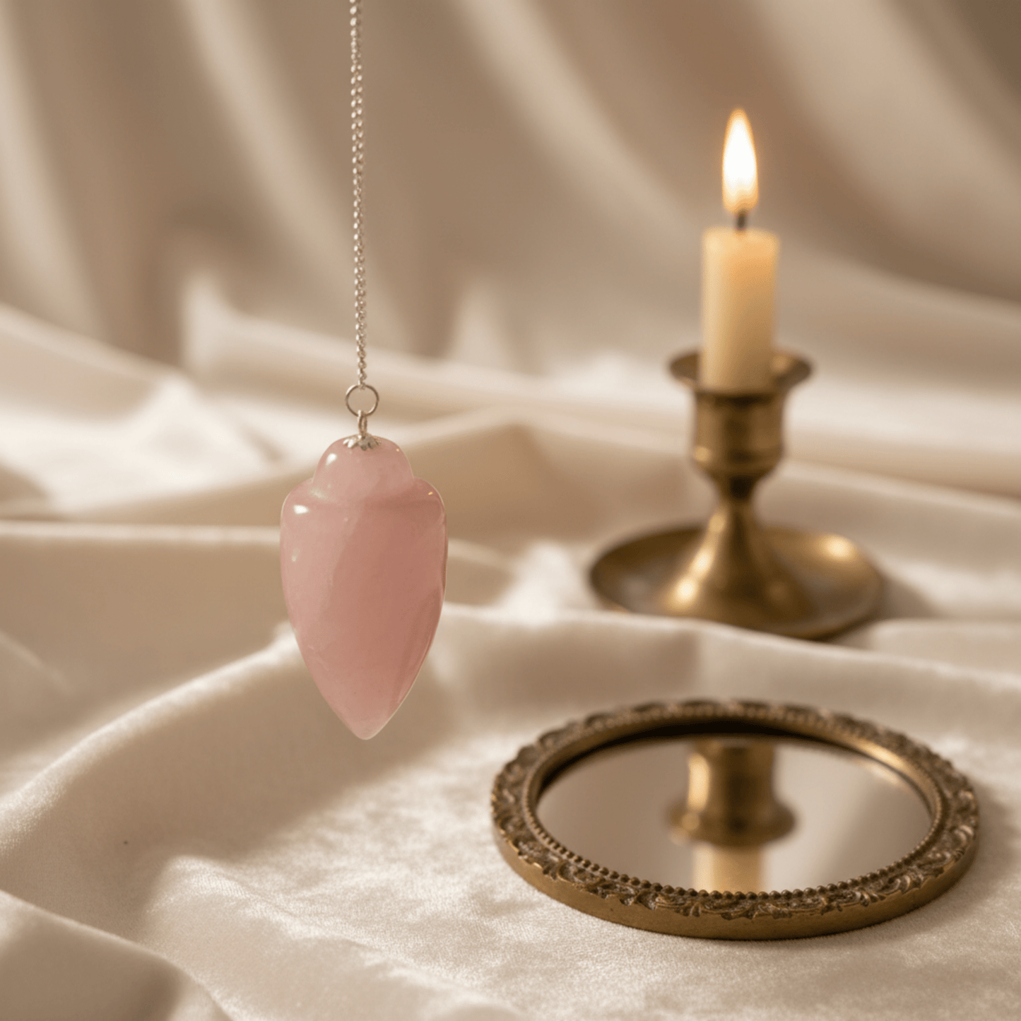 Pendule quartz rose naturel pour radiesthésie, outil de guidance douce devant une bougie allumée.