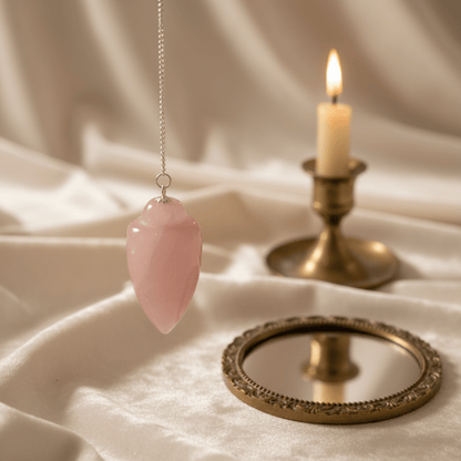 Pendule quartz rose naturel pour radiesthésie, outil de guidance douce devant une bougie allumée.