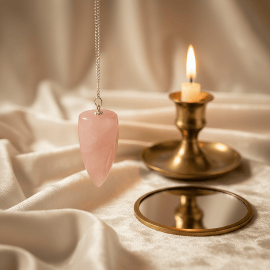 Pendule en quartz rose pour divination, énergie d’amour et harmonie, posé près d’une bougie rituelle.