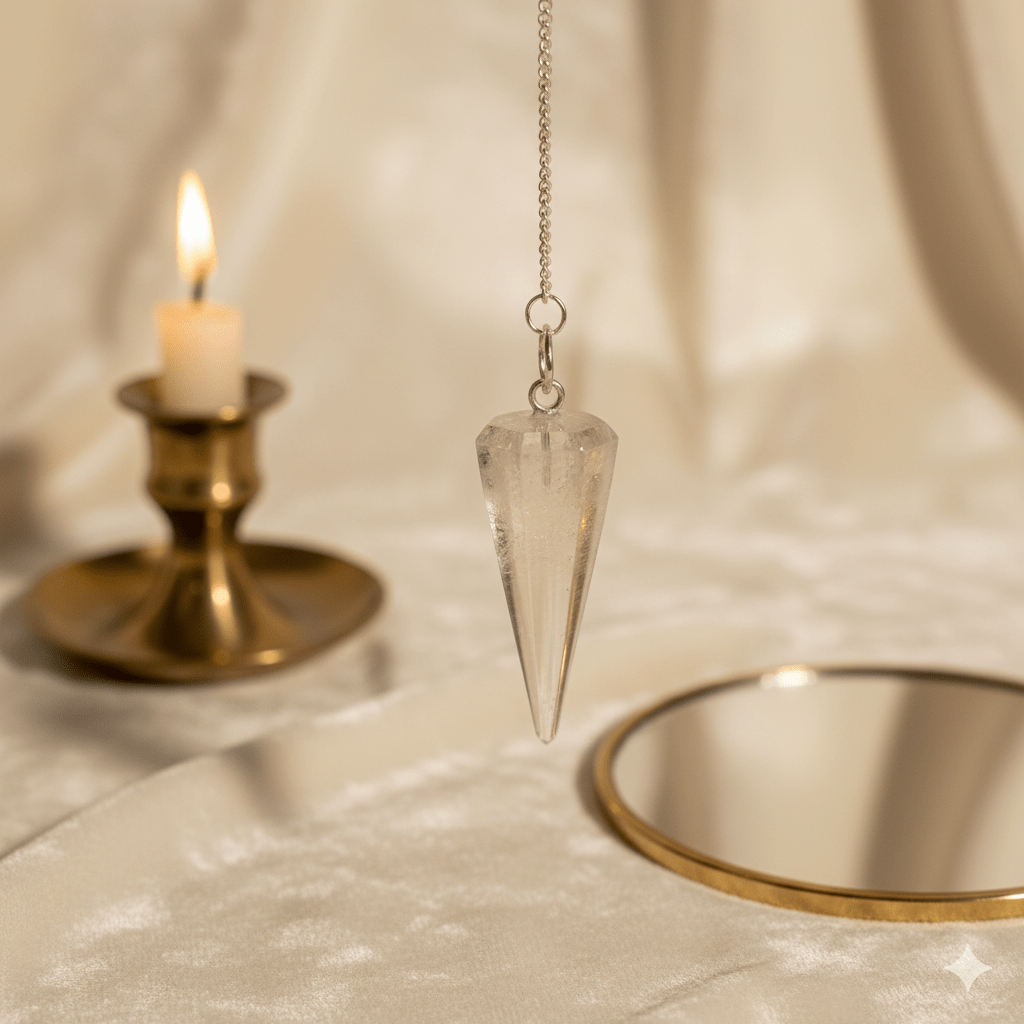 Pendule en quartz cristal pour divination, radiesthésie et clarté énergétique sur tissu beige avec bougie allumée.