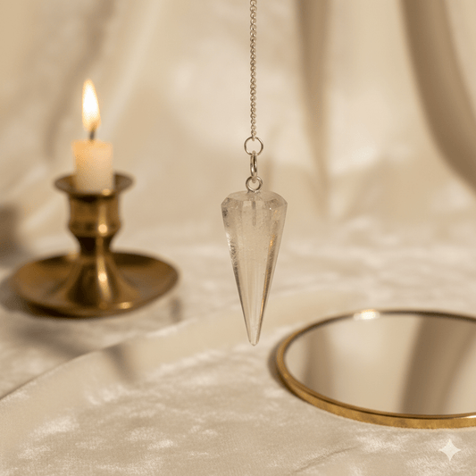 Pendule en quartz cristal pour divination, radiesthésie et clarté énergétique sur tissu beige avec bougie allumée.