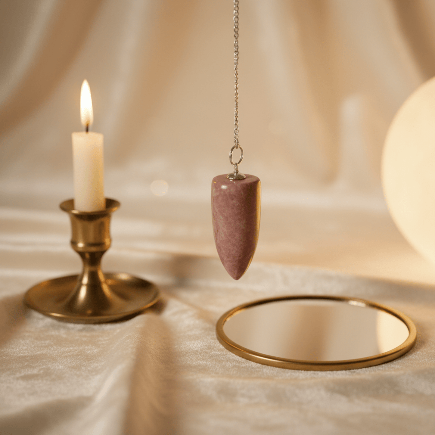 Pendule en pierre rose suspendu devant une bougie dorée et miroir rituel sur tissu beige.