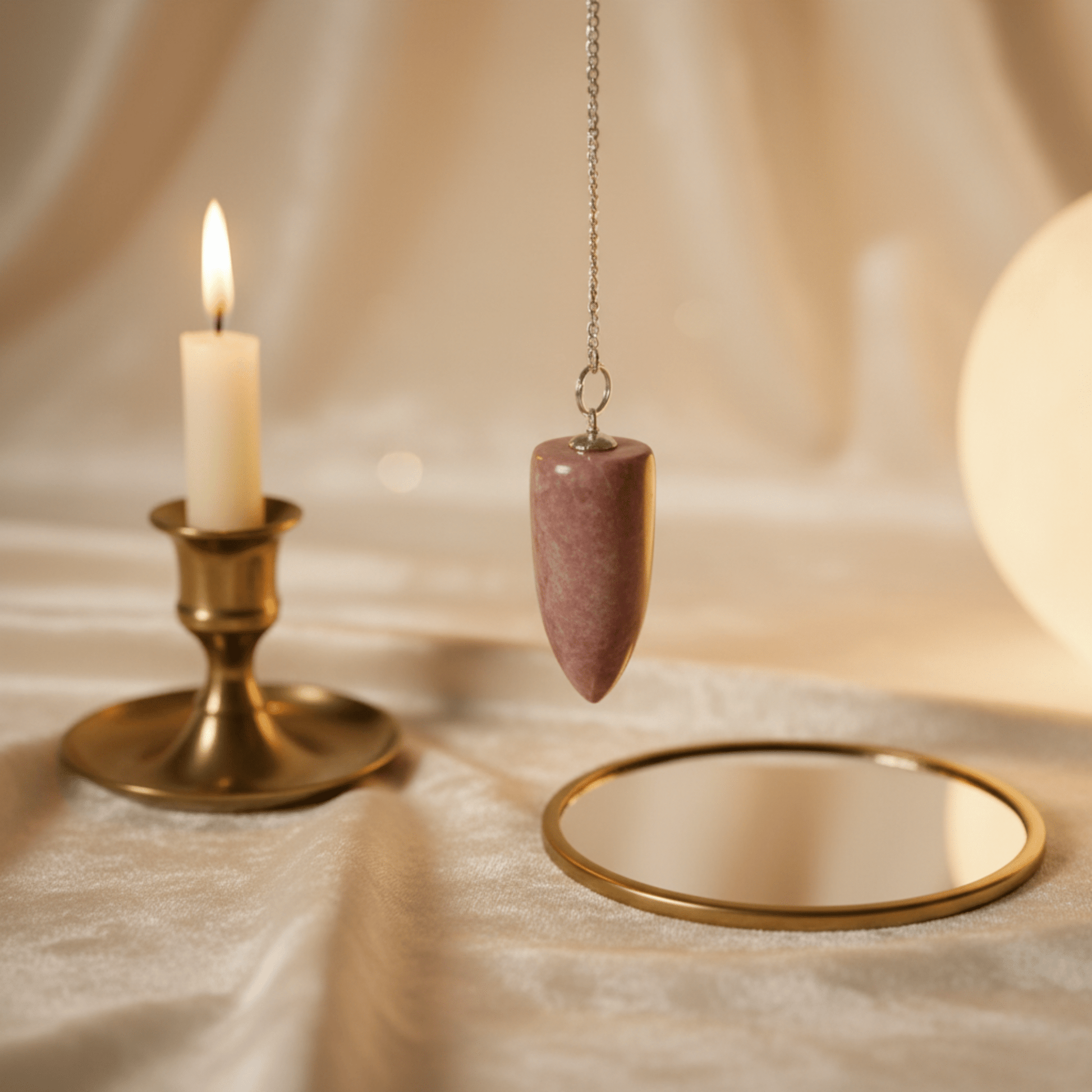 Pendule en pierre rose suspendu devant une bougie dorée et miroir rituel sur tissu beige.