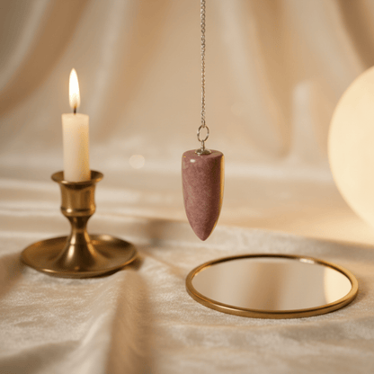 Pendule en pierre rose suspendu devant une bougie dorée et miroir rituel sur tissu beige.