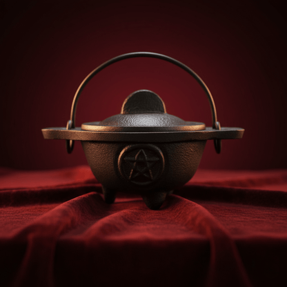 Petit chaudron wicca en fonte noire avec pentacle gravé, accessoire de rituel.