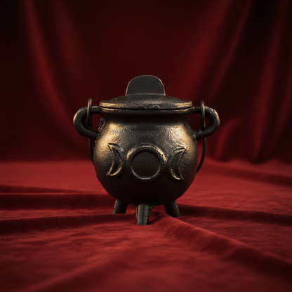 Mini chaudron en fonte Triple Lune fermé, outil Wicca pour rituels, offrandes et purification énergétique.