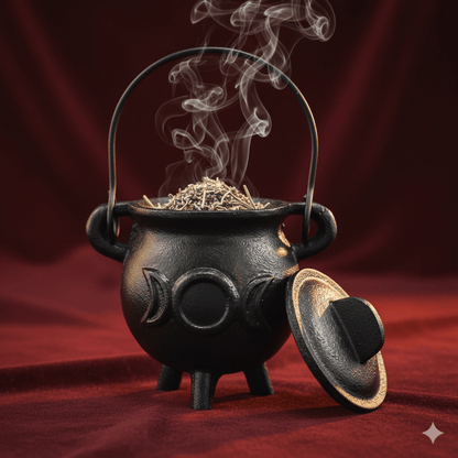 Petit chaudron en fonte Triple Lune avec herbes fumantes, accessoire Wicca pour rituels et magie blanche.