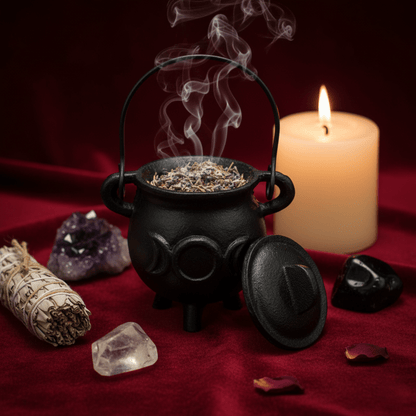Chaudron Wicca en fonte Triple Lune avec fumigation, idéal pour rituels, purification et autel ésotérique.