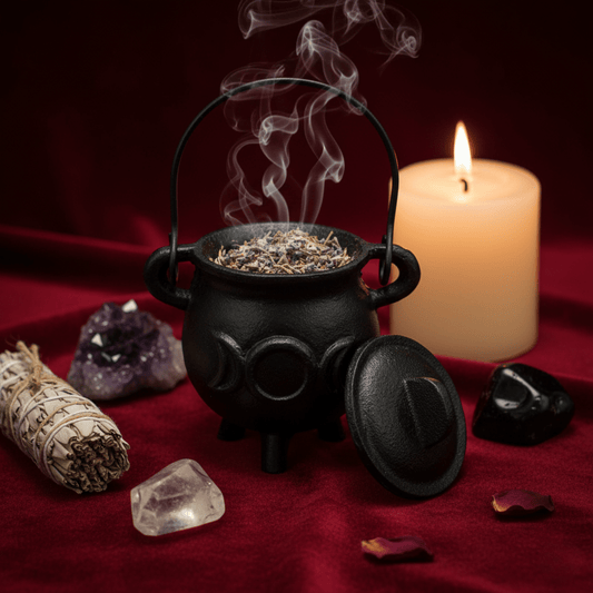 Chaudron Wicca en fonte Triple Lune avec fumigation, idéal pour rituels, purification et autel ésotérique.