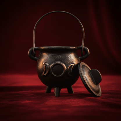 Chaudron rituel en fonte noire Triple Lune avec couvercle, parfait pour encens, résines et autel Witchcraft.
