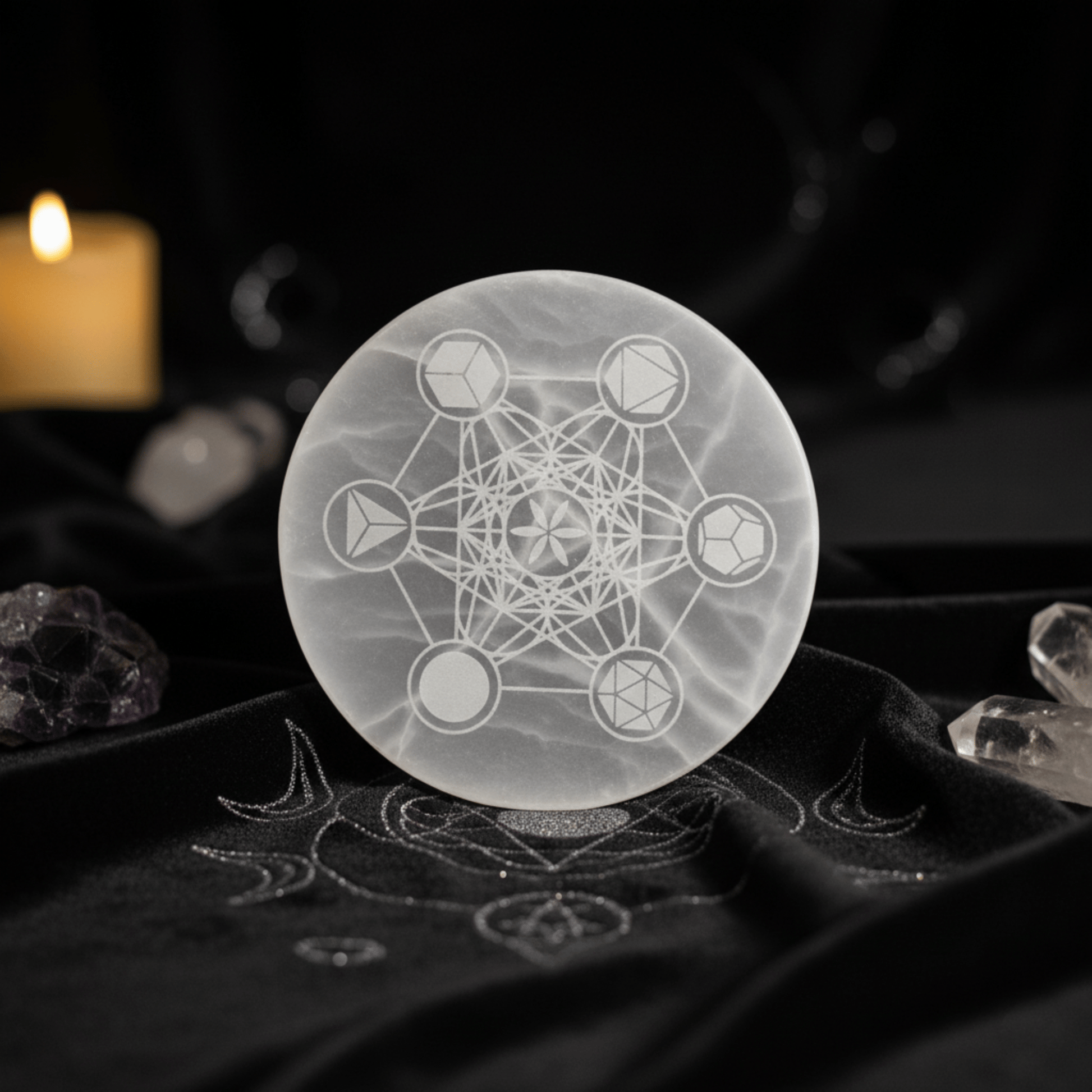 Plaque en Sélénite avec gravure géométrie sacrée Metatron, outil énergétique pour rechargement de cristaux et autel wicca.
