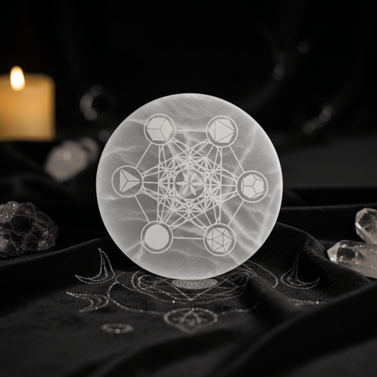 Plaque en Sélénite avec gravure géométrie sacrée Metatron, outil énergétique pour rechargement de cristaux et autel wicca.