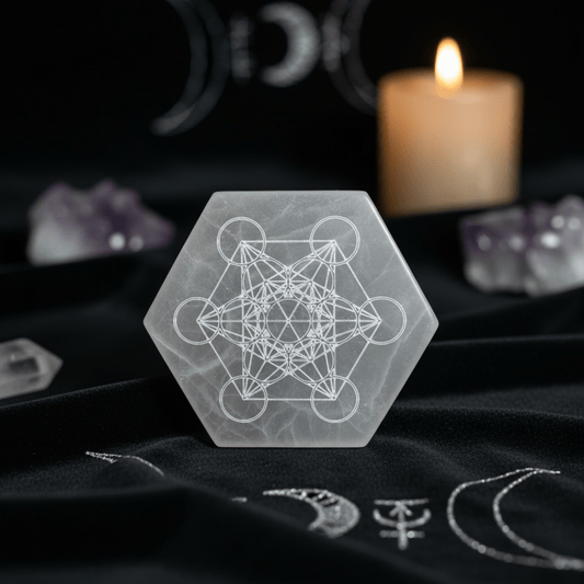 Plaque hexagonale en sélénite gravée du Cube de Métatron sur tissu noir, avec bougie et cristaux.