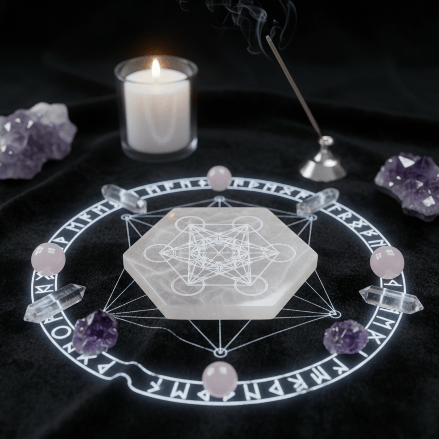 Plaque hexagonale en sélénite Cube de Métatron au centre d’un cercle runique, entourée de cristaux et encens.
