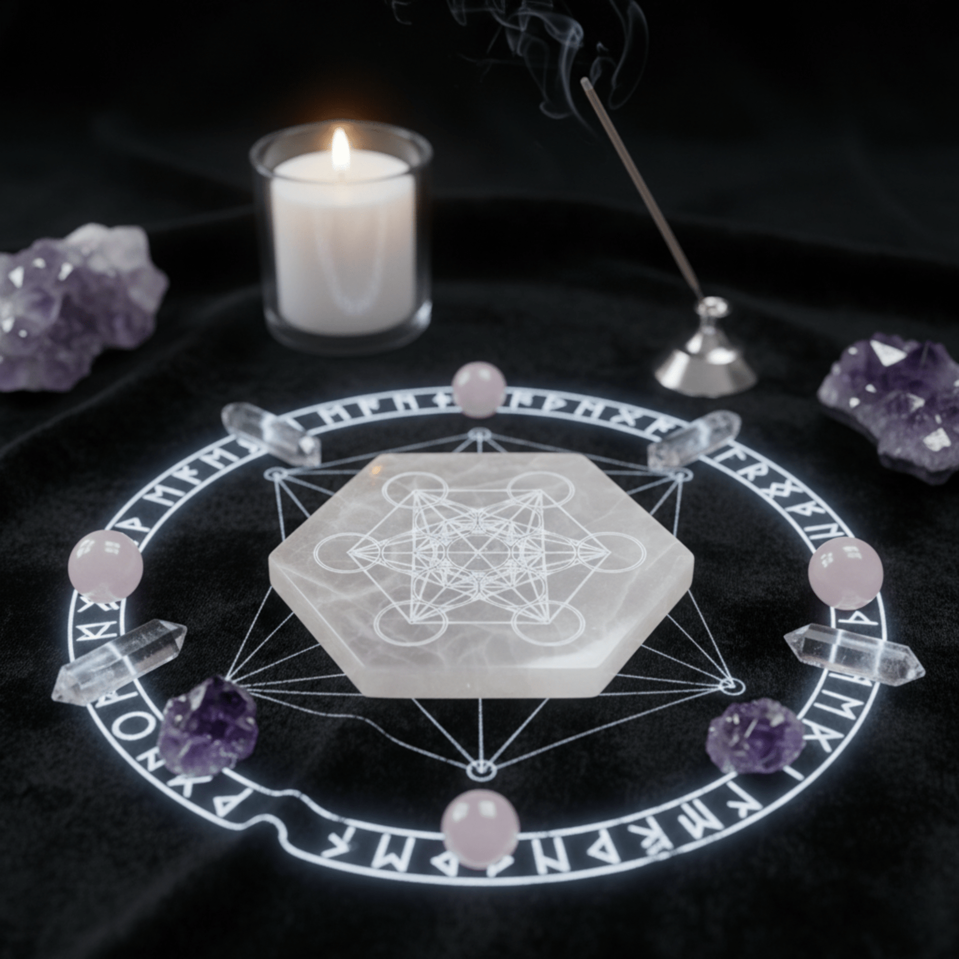 Plaque hexagonale en sélénite Cube de Métatron au centre d’un cercle runique, entourée de cristaux et encens.