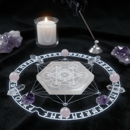 Plaque hexagonale en sélénite Cube de Métatron au centre d’un cercle runique, entourée de cristaux et encens.