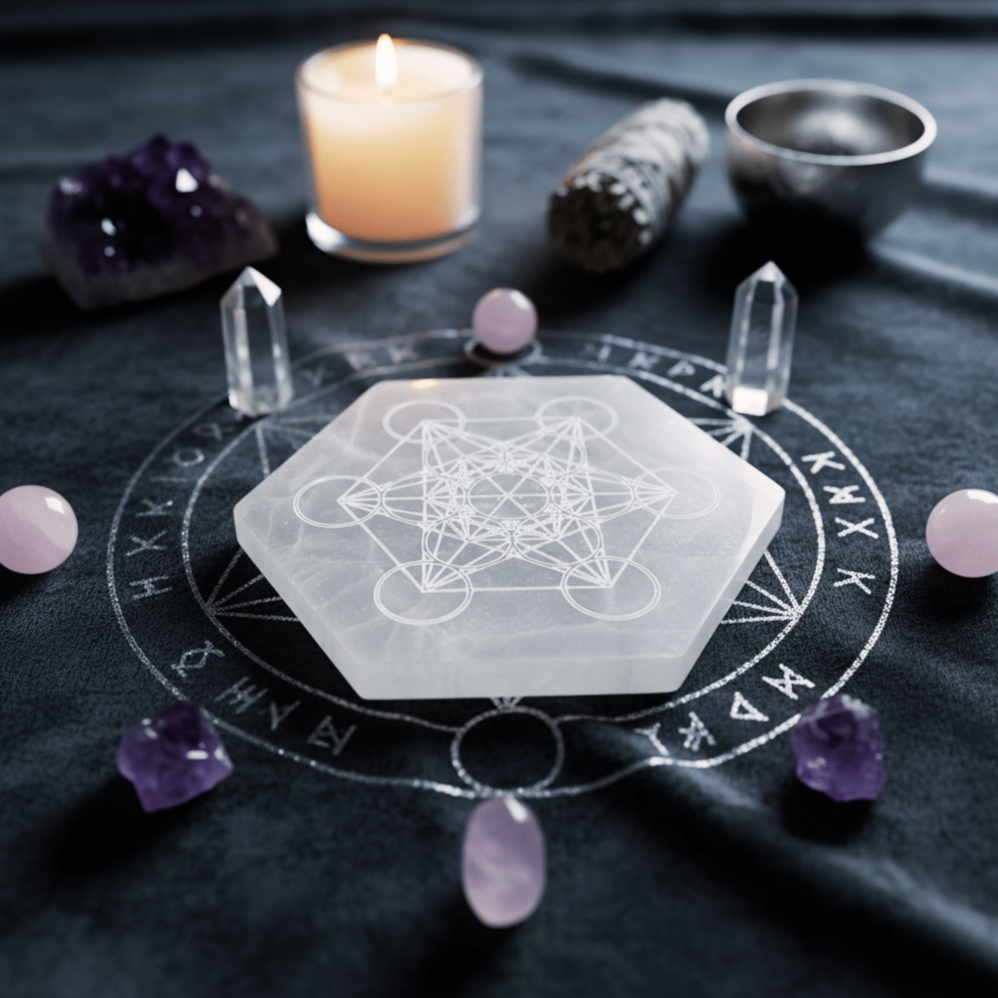 Plaque hexagonale en sélénite Cube de Métatron placée dans un cercle de cristaux, bougie allumée et améthystes autour.