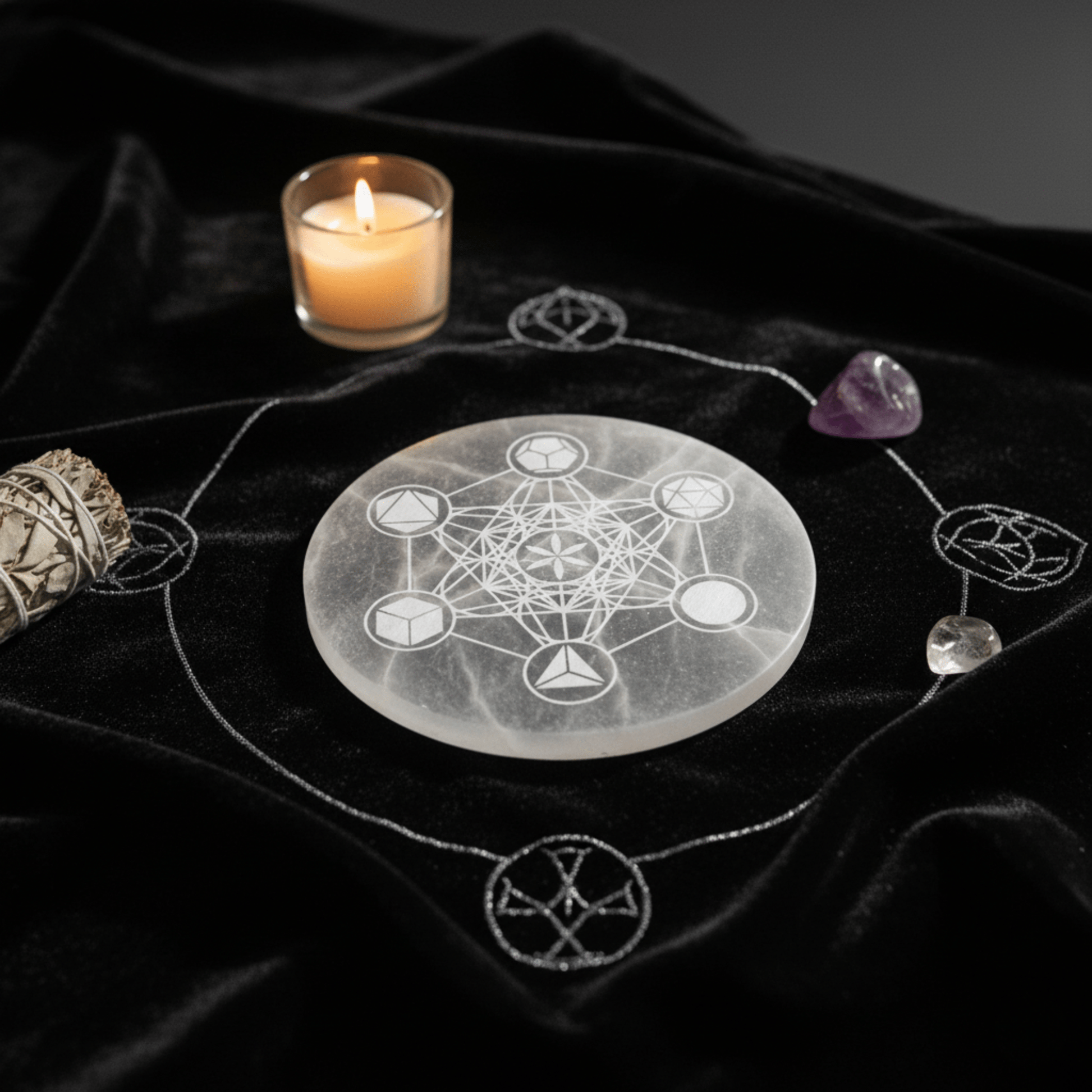Plaque de Sélénite ronde gravée Metatron, support de purification et rechargement des pierres, rituel et autel ésotérique.
