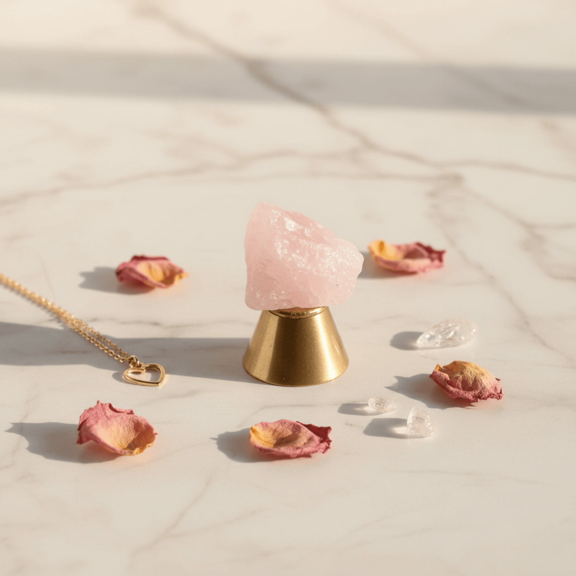 Pierre de quartz rose brut mise en valeur sur support doré, symbole d’amour et d’énergie douce.