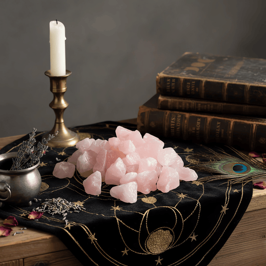 Quartz rose brut naturel sur autel mystique, pierre d’amour et de guérison émotionnelle.