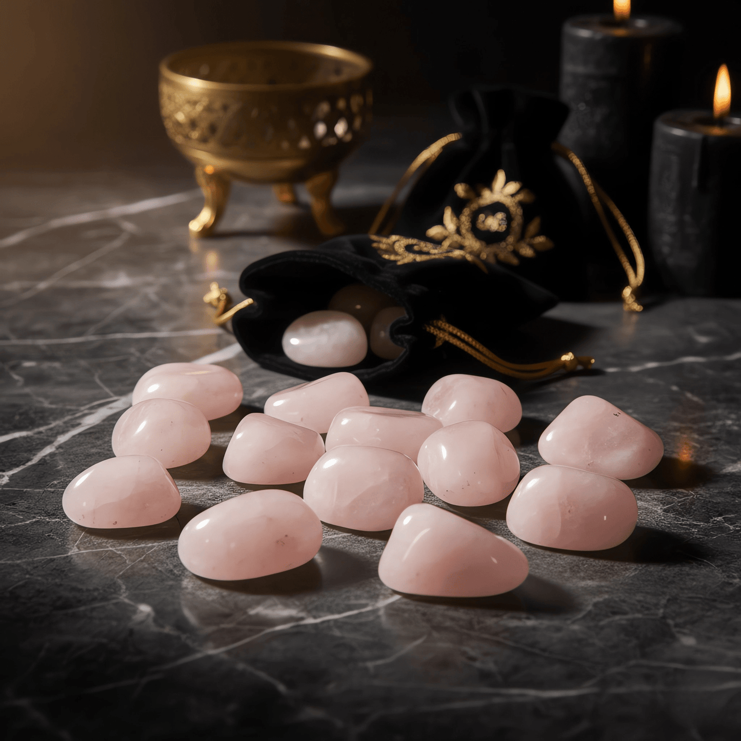 Pierres de quartz rose naturelles pour l’amour et l’harmonie, présentées avec pochette rituelle noire.