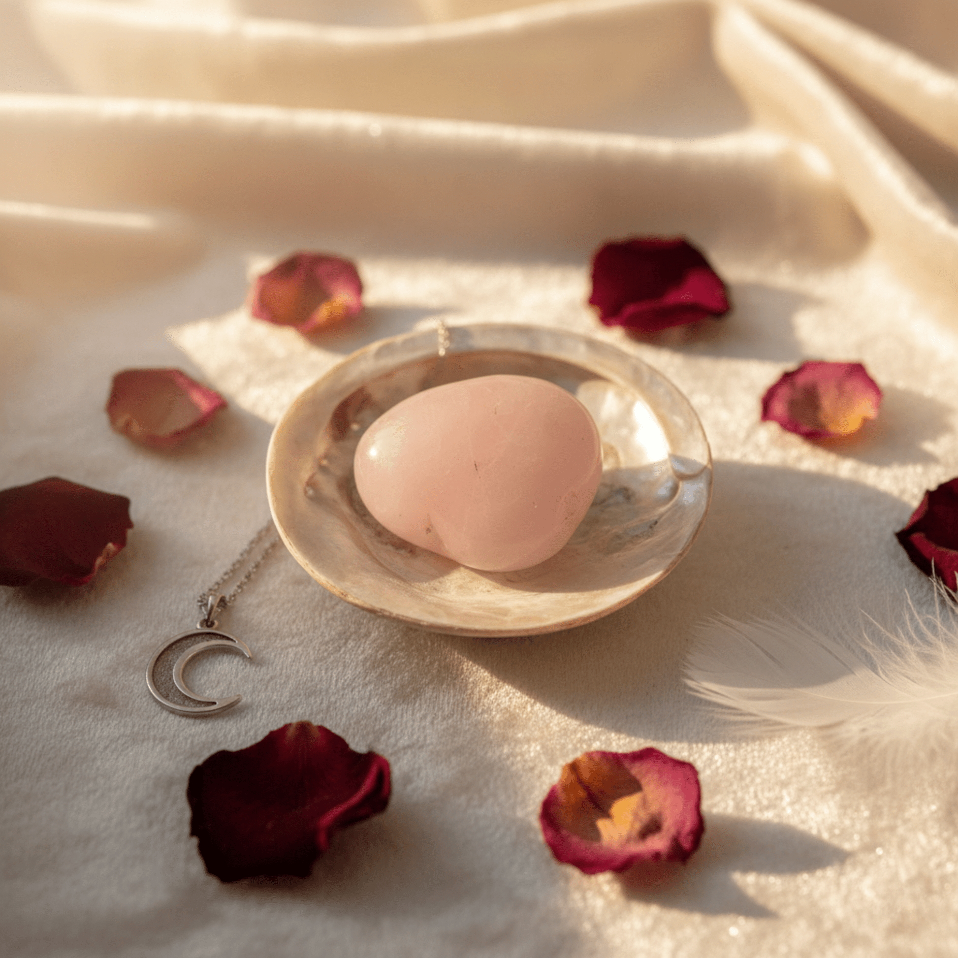 Quartz rose lumineux dans coupelle nacrée, entouré de pétales, symbole d’amour et de douceur.