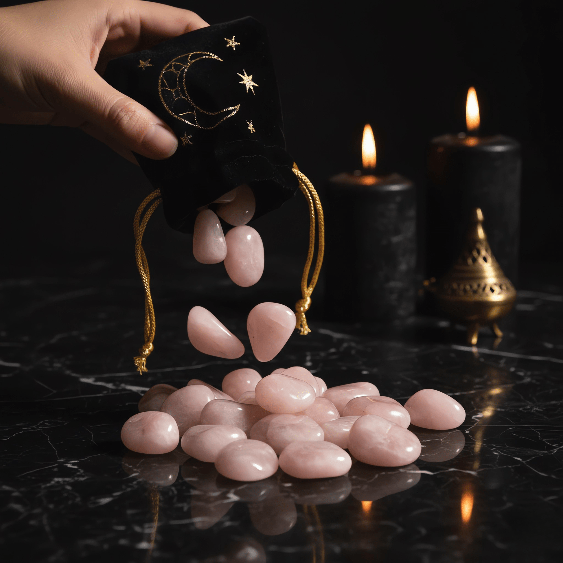 Pierres de quartz rose tombant d’une pochette ésotérique, énergie d’amour et apaisement du cœur.
