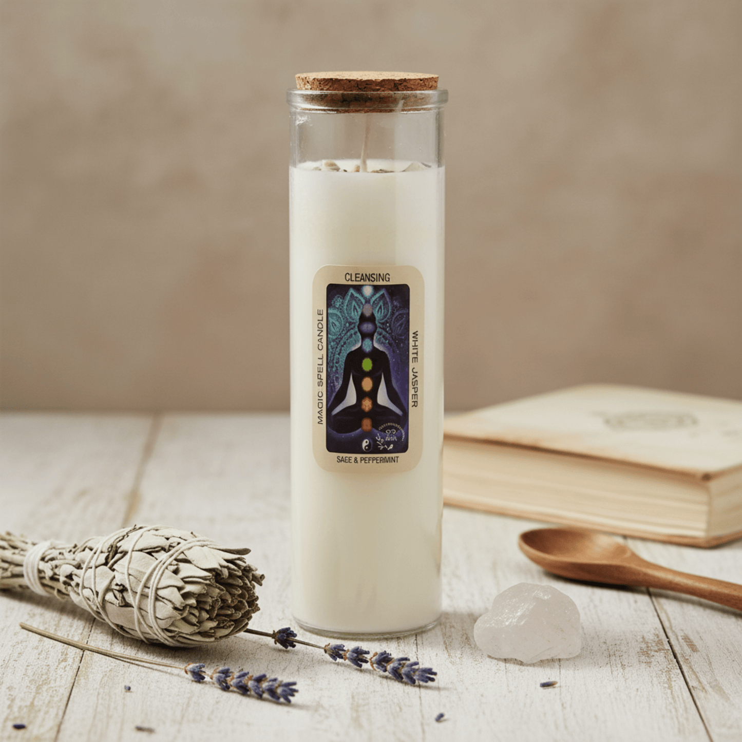 Bougie rituel Purification avec jaspe blanc, étiquette chakras, sauge blanche et cristaux pour nettoyage énergétique.