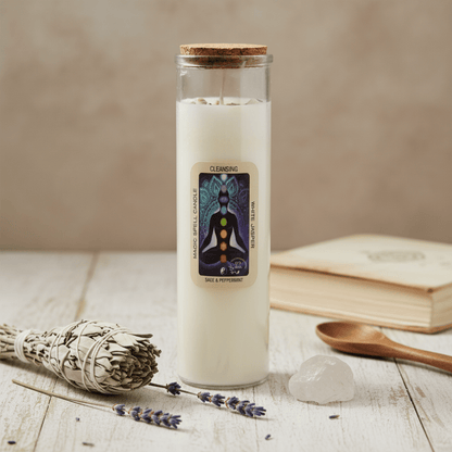 Bougie rituel Purification avec jaspe blanc, étiquette chakras, sauge blanche et cristaux pour nettoyage énergétique.