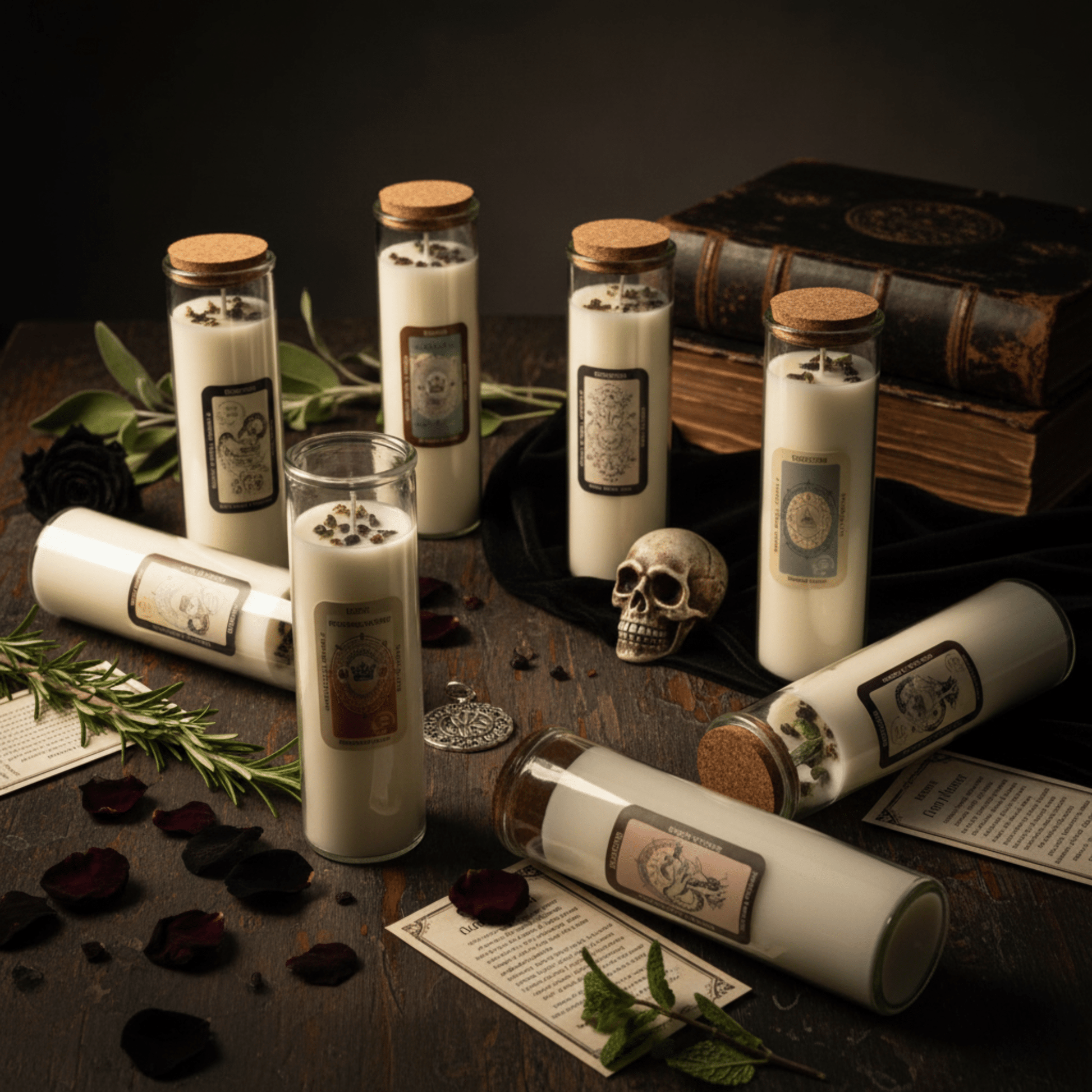 Bougies rituelles blanches en verre avec herbes et pierres, présentées sur table ésotérique avec crâne décoratif.