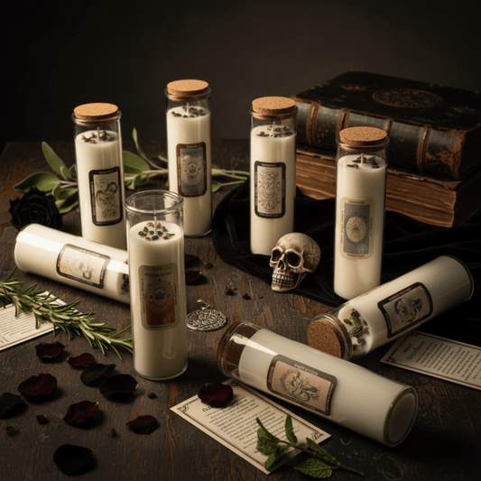 Bougies rituelles blanches en verre avec herbes et pierres, présentées sur table ésotérique avec crâne décoratif.