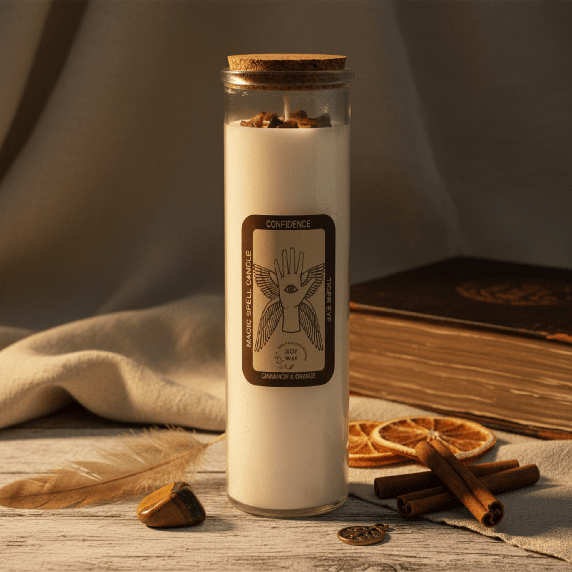 Bougie rituelle Confiance en cire de soja avec pierres œil-de-tigre et étiquette ésotérique sur table en bois.